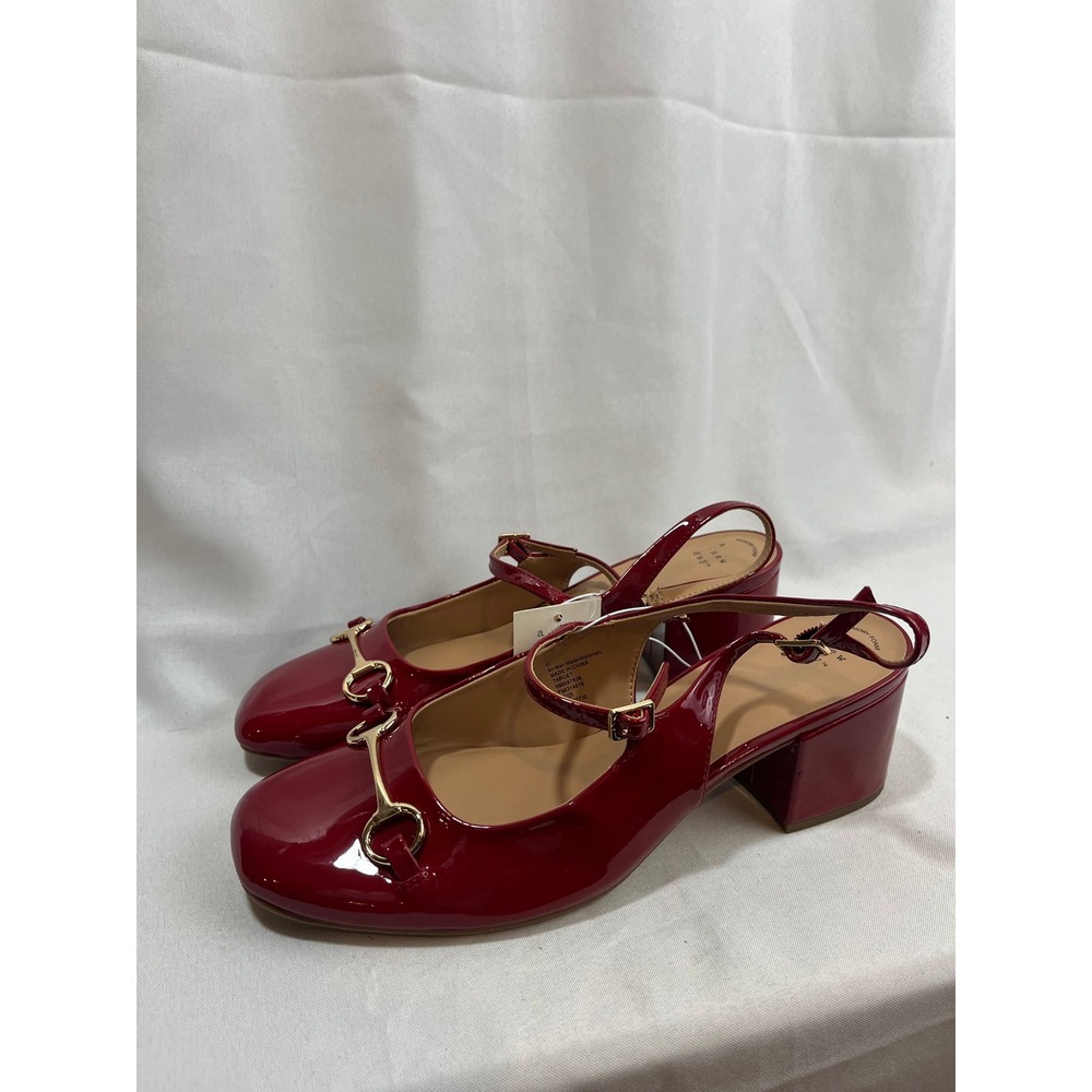 A New Day Women Red Patent Horsebit Slingback Block Heel Pump Size 11 Square Toe
